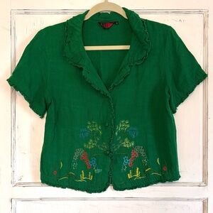 Vintage Embroidered Ruffle Asian Button Down Small